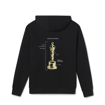 Men's Women's Adult Black hoodie with a gold Oscar statue design on the back against a white background